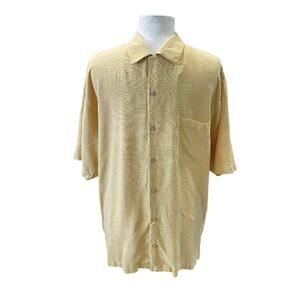 Tommy Bahama 100% Silk Yellow Button-Up Shirt Wood Buttons Men’s Medium-Vacation